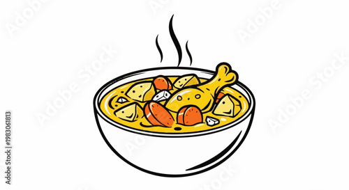 A yellow chicken stew with potatoes and carrots in a white bowl