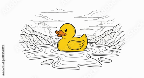 A yellow duck floats on rippling water between rocky shores under cloudy skies