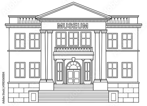 Museum building exterior graphic black white isolated sketch illustration vector