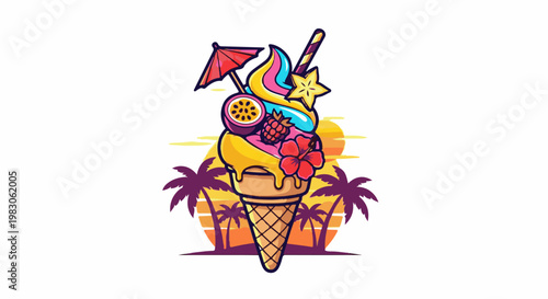 A vibrant ice cream cone with tropical fruits and palm trees at sunset