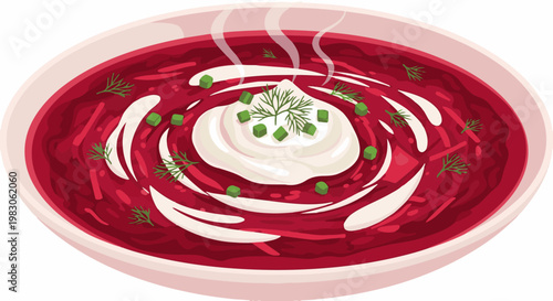 A vibrant illustration of steaming borscht, topped with sour cream and dill