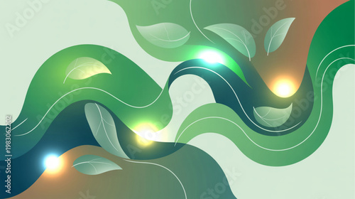 Eco friendly wave, green leafy swirls, glowing lights, abstract vector illustration, environmental concept