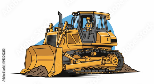 A yellow bulldozer with a driver wearing a hard hat and safety vest moves dirt