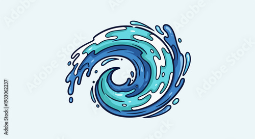A swirling dynamic depiction of blue and white water splashes and waves