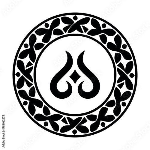 ornate tribal flame emblem in monochrome circular border design
