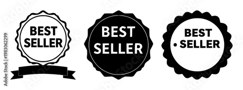 Best Seller badge icon set with solid black color and simple glyph design featuring star, ribbon, award with quality and achievement