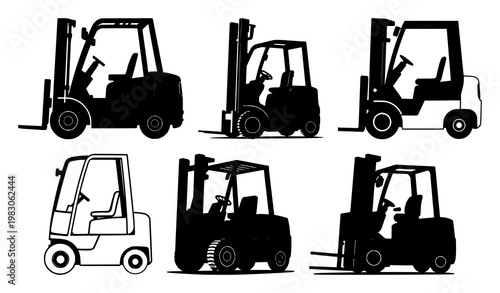 Warehouse forklift icon set with solid black flat design on white background featuring transportation, logistics, machinery with industrial and loading