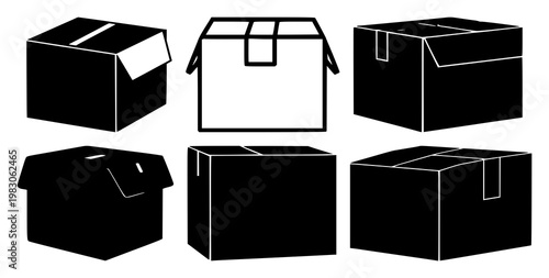 Delivery box parcel icon set with solid black shapes featuring shipping, logistics, transportation with carton and package