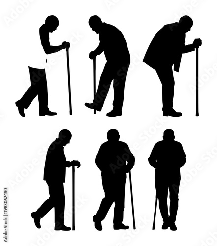 Geriatric walking cane set with solid black icon on white background featuring accessibility, mobility, healthcare with medical and eldercare