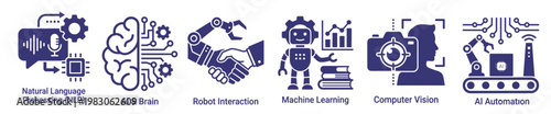 artificial intelligence icons set, machine learning and automation technology symbols, robotics neural network data processing vector collection on transparent background