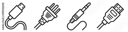cable and connector icons set, usb audio jack and electric plug vector line symbols, wire cord adapter technology equipment collection on transparent background