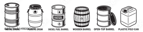 industrial barrels and containers set, metal drum plastic drum diesel fuel barrel wooden barrel open barrel and poly can collection on transparent background