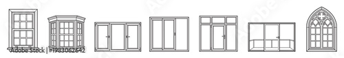 set of window frames and architectural window designs, modern classic bay sliding and arched gothic windows isolated on transparent background