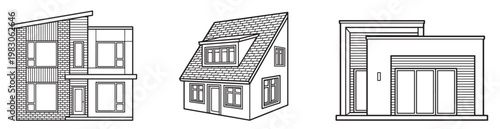 set of residential houses in different architectural styles, modern home cottage and contemporary building exteriors isolated on transparent background