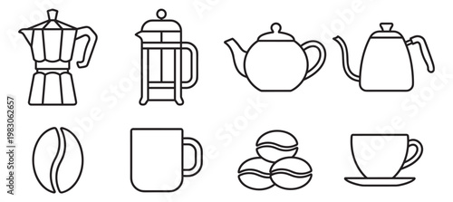 coffee and tea drinkware set including kettle teapot french press cup mug and coffee beans line icons isolated on transparent background