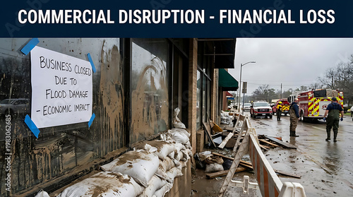 Commercial store front closed following a devastating flood showing severe economic impact and property damage from natural disaster and climate change crisis disruption