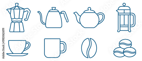 coffee and tea icons set, cup mug kettle teapot espresso maker french press and beans vector line symbols, cafe beverage equipment collection on transparent background
