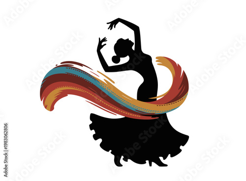 International Dance Day greeting banner with female dancer silhouette and terracotta paint stroke illustration