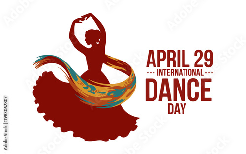International Dance Day greeting banner with female dancer silhouette and terracotta paint stroke illustration