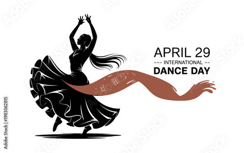 International Dance Day greeting banner with female dancer silhouette and terracotta paint stroke illustration