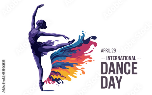 Artistic International Dance Day banner with ballerina silhouette and colorful paint splash illustration