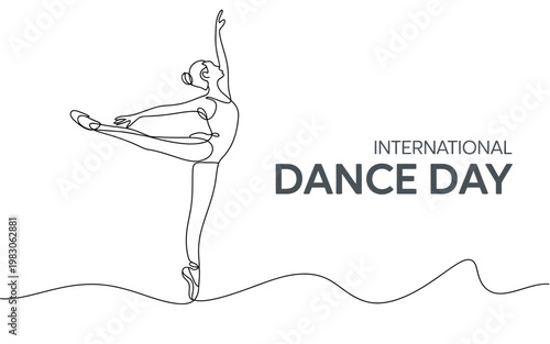 Minimalist single line art ballerina illustration for International Dance Day April 29 poster
