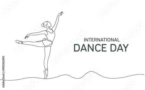 Minimalist single line art ballerina illustration for International Dance Day April 29 poster