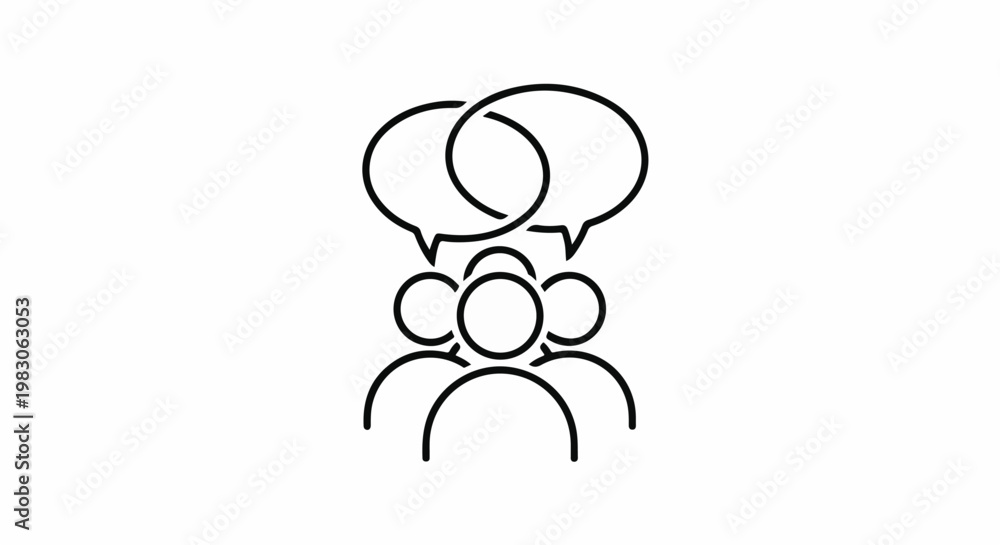 Obraz premium Simple line art of three people in discussion, with speech bubbles