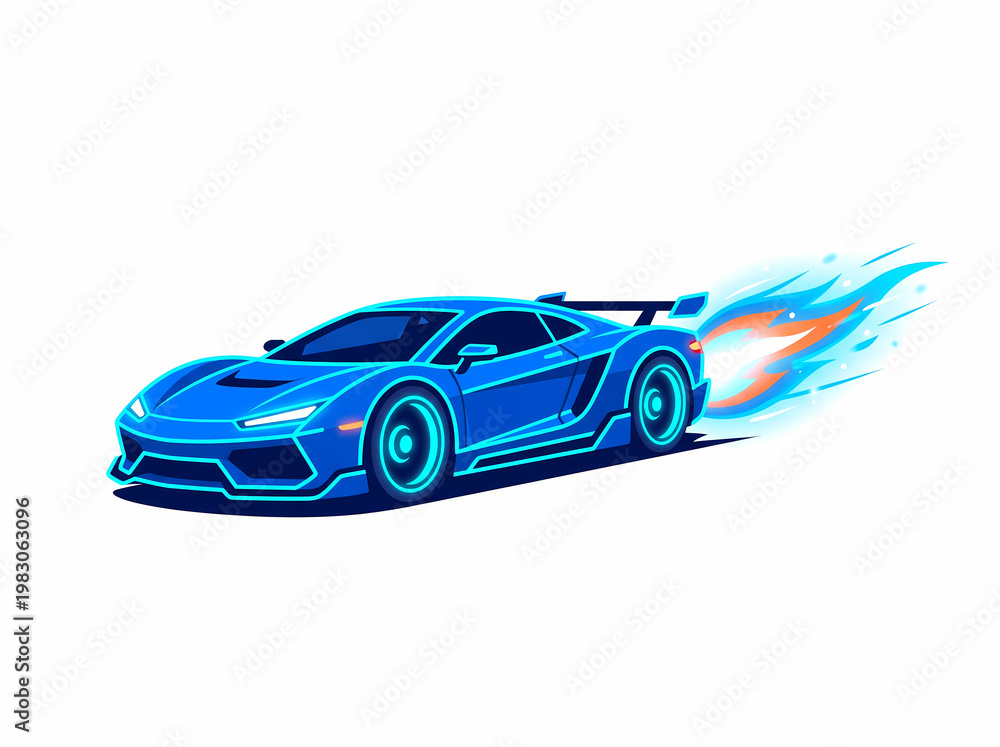 Fototapeta premium Futuristic Blue Neon Supercar Speeding with Nitro Exhaust Flames Isolated on White
