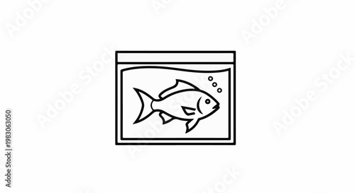 Outline of a fish swimming in a rectangular aquarium with bubbles