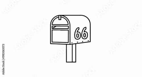 Outline drawing of a classic mailbox with the number sixty-six on its side