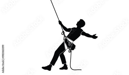 A dynamic illustration depicts a rock climber rappelling down a rope showcasing their gear and posture in silhouette high quality professional detailed modern elegant