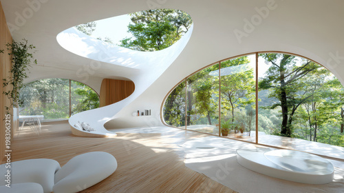 Modern architectural interior featuring flowing lines, large windows, and natural light. design integrates nature with serene atmosphere