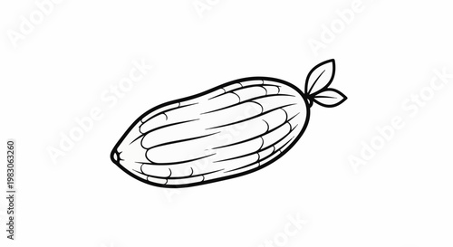 Black and white outline drawing of a ripe cucumber with attached leaves
