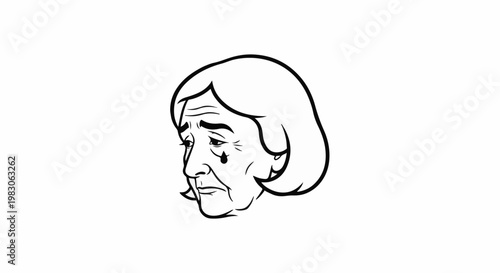 Close-up line drawing of an elderly woman's face with a tear