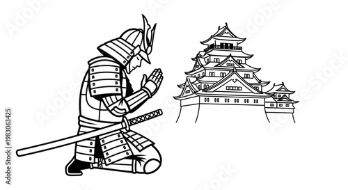 Samurai Warrior Kneeling in Prayer Before Japanese Castle Illustration