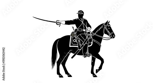 Silhouette Cavalry Soldier on Horseback with Sword Raised, Historical Military Illustration