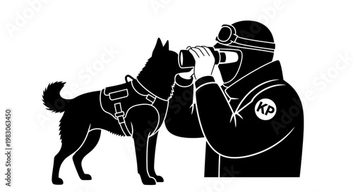 Security guard with dog using binoculars, surveillance, protection, law enforcement, K9 unit