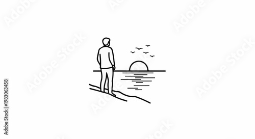 Lone figure observes sunset over calm ocean with birds flying