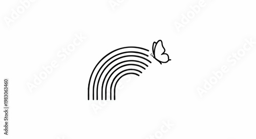 Delicate line art of a rainbow arch with a butterfly mid-flight
