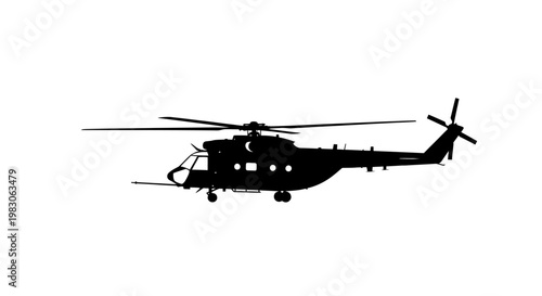 Silhouette of a large military transport helicopter in flight against a white background.