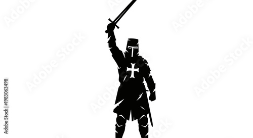 Silhouette of a medieval knight in armor with sword raised, crusader symbol on chest