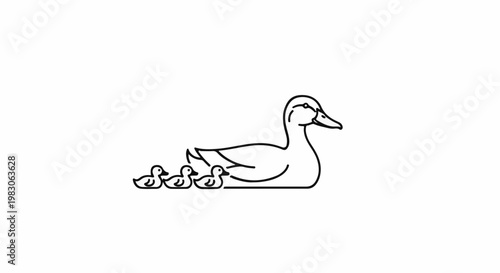 Minimalist illustration of a mother duck leading her three ducklings