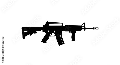 Silhouette of an assault rifle, modern firearm, military weapon, isolated on white background