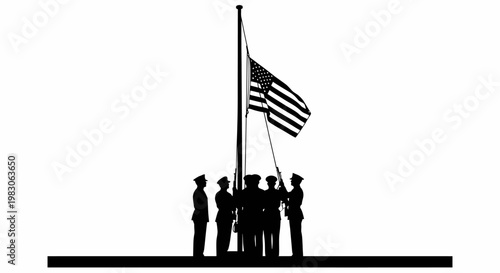 Silhouette of Soldiers Raising American Flag at Sunset