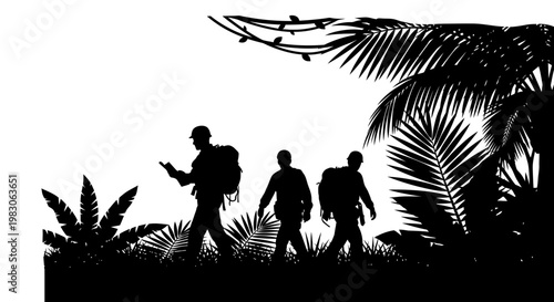 Silhouette of Soldiers Trekking Through Dense Jungle with Backpacks