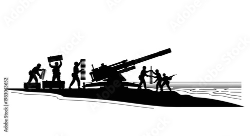Silhouette of soldiers operating a large artillery cannon on a beach during wartime.
