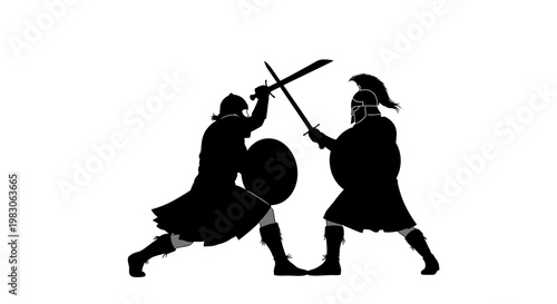 Silhouette of two warriors fighting with swords and shields, ancient battle scene