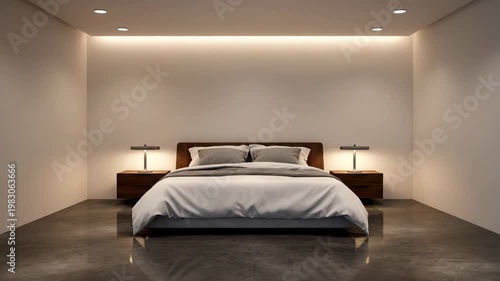 An empty room transforms into a modern, minimalist bedroom. Warm lighting and clean design create a serene sleeping space.
