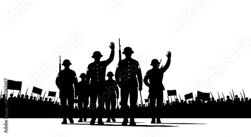 Silhouette of Soldiers Waving Flags, Crowd, Victory, Celebration, Protest, March
